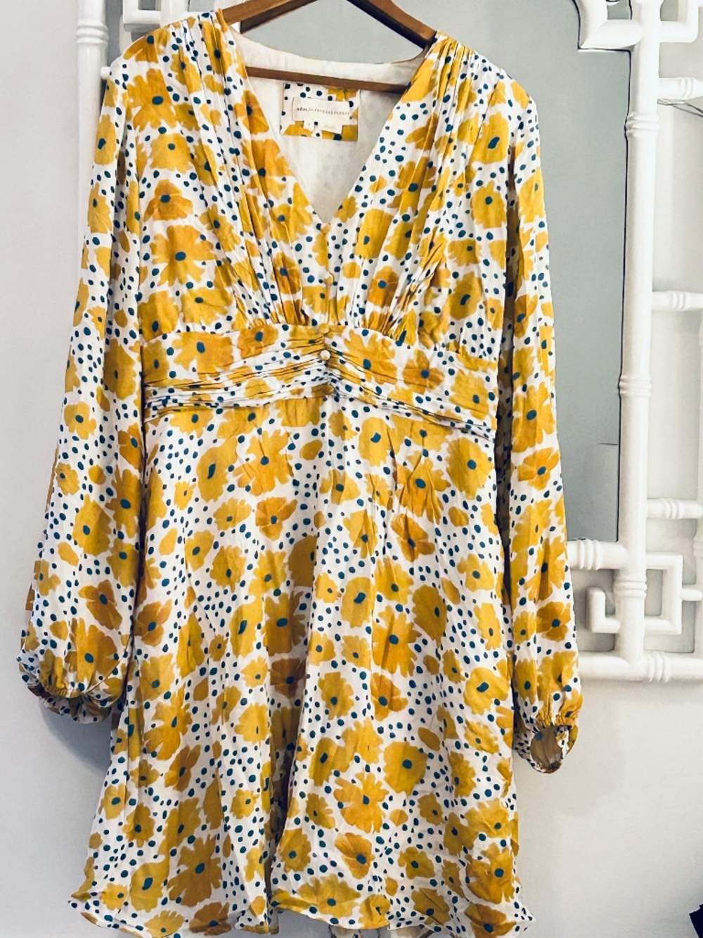 Anthropologie Yellow Floral & Bright Blue Dot Mini Dress with Pockets Medium